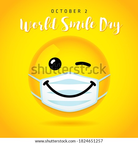 World Smile Day wink banner template, October 2. Happy yellow smiling icon in medical mask and text. Vector emoticon on yellow background design. 3d style emoji joy icons illustration 