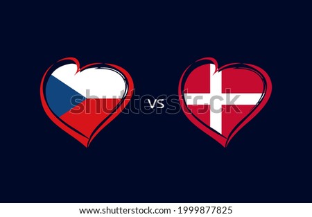 Czech Republic vs Denmark, flag emblems. National team soccer icons on blue background. Czechs and Danish national flag in heart. Vector illustration for football championship final competition