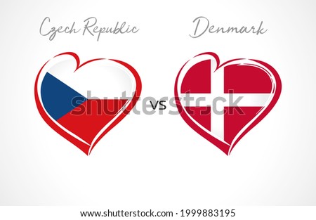 Czech Republic vs Denmark, flag emblems. National team soccer icons on white background. Czechs and Danish national flag in heart. Vector illustration for football championship final competition