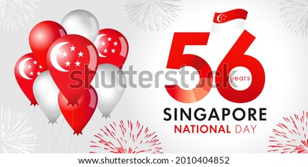 56 Years Anniversary of Singapore National Day with balloons and flag. Happy Singapore Independence day August 9, republic celebration vector illustration