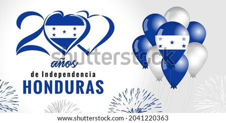 200 anos anniversary Indepedencia Honduras, spanish text - 200 years anniversary Independence Day from Spain. Celebration background with fireworks, flag in balloons and lettering. Vector illustration