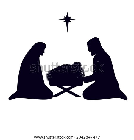 Christmas story Mary Joseph and baby Jesus in manger. Nativity scene in silhouette of baby Jesus in the manger with star. The Birth of Christ, vector illustration