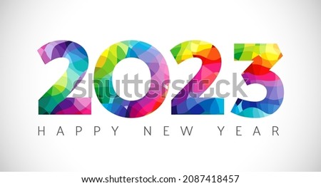 2023 A Happy New Year congrats. Stained glass art logotype concept. White backdrop. Abstract isolated graphic design template. Decorative numbers 2, 0, 3. Coloured digits. Creative colorful decoration