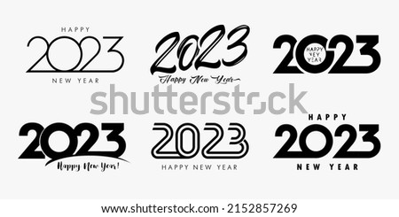 Big set 2023 Happy New Year black logo text design. 20 23 number design template. Collection of symbols of 2023 Happy New Year. Vector illustration with creative labels isolated on white background