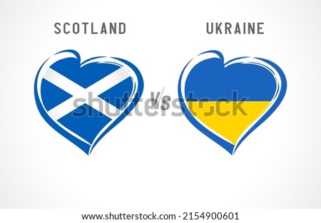 Scotland vs Ukraine, flag emblem. National team soccer on white background. Scottish and Ukrainian national flag in heart, vector illustration. Europe football play-off Qualifiers 2021-2022