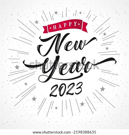 Happy new year 2023 lettering and rays. 20 23 happy new year symbols. Creative vector art template isolated on white background