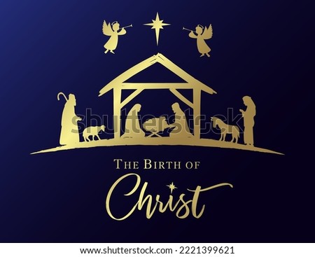 The Birth of Christ, Christmas nativity scene golden card. Mary, Joseph, baby Jesus in manger and shepherd in silhouette with angels and Bethlehem star. Vector illustration