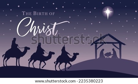 Nativity scene - silhouette Jesus in manger, wisemen and Bethlehem star. Three kings, camels, Mary, Joseph and Bethlehem star. Vector illustration