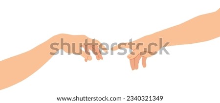 Hands reaching out for touch creation of Adam. Iconic biblical scene representation symbol of faith and support. Vector illustration