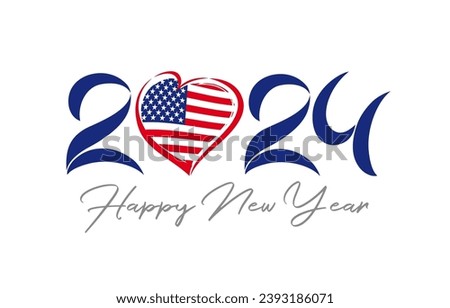 Happy New Year USA creative banner. Number icon 20 24 with US flag and heart shape. Graphic design. State holiday celebration. Vector illustration. Voting 2024, election day logo concept.