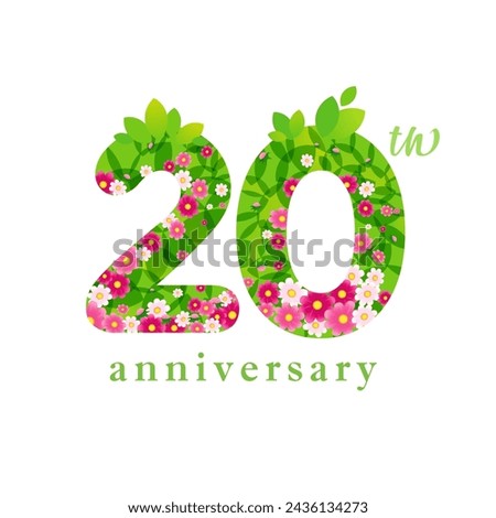 20th annivarsary spring concept. Floral number with green leaves with clipping mask. 20 years old cute logo. Summer or spring sale concept. Up to 20 percent off discount. Creative typographic design.