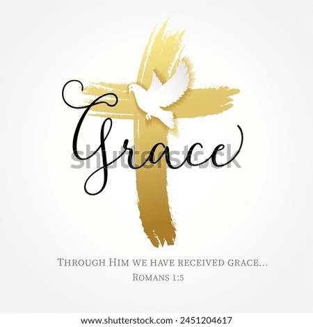 Grace lettering, golden cross and flying dove, Romans 1:5. Christian t-shirt design. Vector illustration