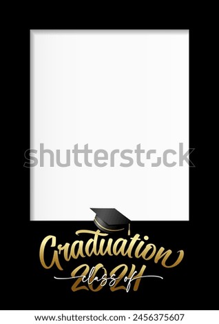 Class of 2024, Graduation photo frame format A4. Congrats Graduates, concept design for web stories or booth with black academic hat. Vector illustration