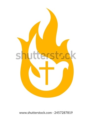 Holy Spirit dove logo. Pentecost Sunday banner with dove in flame and cross symbol. Vector illustration