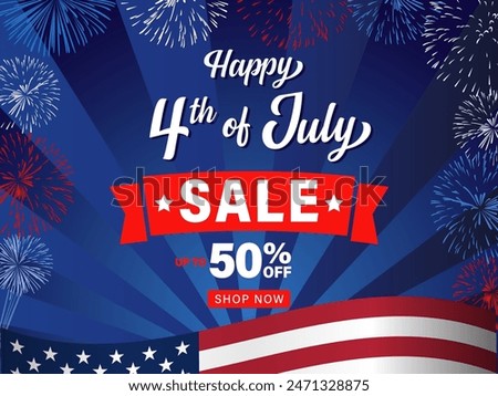 Happy 4th of July SALE banner, up to 50% off text and fireworks. Happy Independence Day of USA, discount poster. Vector illustration