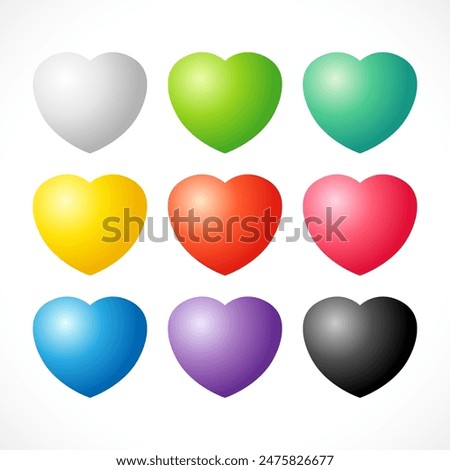 Set of 3 D colorful hearts. Creative icons. Isolated symbol. Graphic template. Sticker design. Coloured frame with copy space. Decorative elements. Clip art concept. Cute heart shapes. Holiday decor.