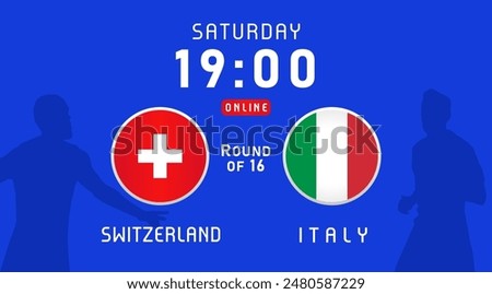 Switzerland vs Italy, round of 16, June 2024, flag emblem. Vector background with Swiss and Italian flags for football championship, news program or TV broadcast