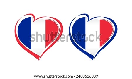 Set of French heart icons. Brushing stroke frame and flag of France. Blue, white and red colours. Sport logo concept. Modern design. Awards concept. Web button. Advertising element. T shirt graphic.