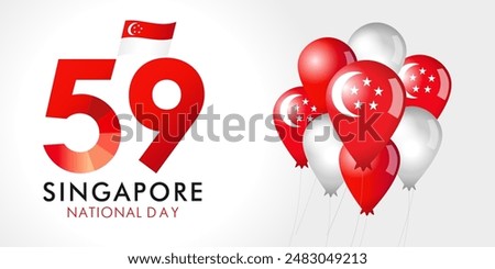 59 years anniversary Singapore national day banner with flag and balloons. Happy Singapore's Independence day celebration, vector illustration for tourism poster design