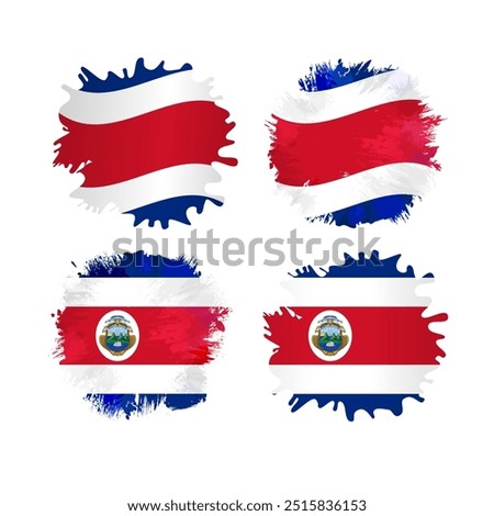 Set of grunge isolated staines with Costa Rican flag background. Creative flags of Costa Rica with brush stroke shaped clipping mask. Brushing strokes. Ink arts style abstract elements. 3D design.