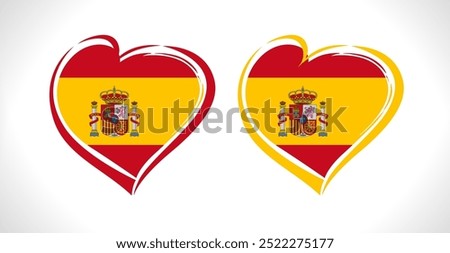 Set if creative Spanish hearts. I Love Spain logo idea. Red and yellow heart strokes. Welcome to Madrid invitation element. Tourism concept. Travel agency branding design template. Isolated shape.