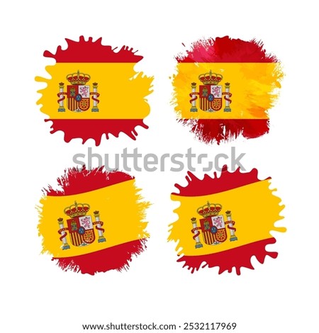 Set of realistic stains with flag of Spain background and clipping mask. Cute ink or paint style shapes with Spanish flag. Holiday symbol. Travel ticket design element. Tourist logo concept.