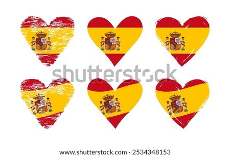 Creative collection of handdrawn style Spanish abstract hearts. Set of labels with flag background and isolated clipping mask. I love Spain logo concept. Welcome to Madrid tourist symbol. Web icons.