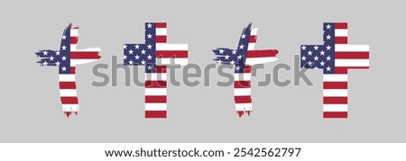 Set of creative crosses with US flag inside and clipping mask. Isolated design. Christian ministry branding concept. Charity project identity design. Sunday school logo design element. Clip art icons.