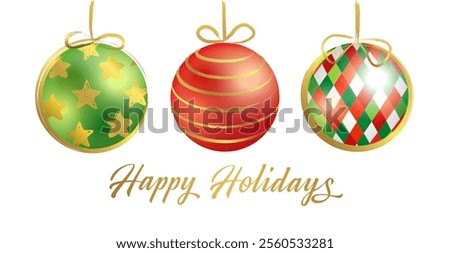 Happy Holidays graphic congrats. Season's greetings postcard concept. Merry Christmas and Happy New Year greeting card design with 3D and artistic elements. Social media timeline story post template.