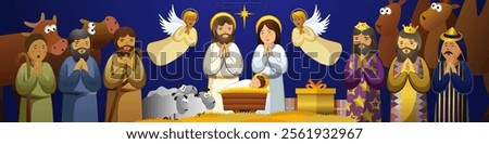 Festive horizontal banner with cartoon style Nativity scene. Mother Mary, Joseph, baby Jesus, 3 shepherds and three kings, singing angels worshiping God. Bethlehem star. Christmas religious decoration