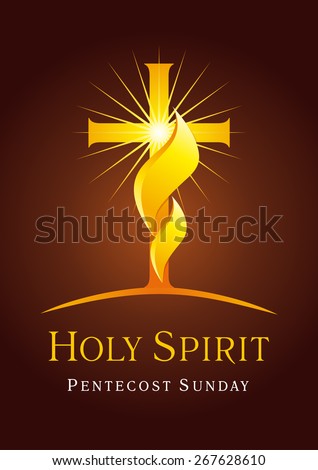 Golden glowing crucifix. Christian church vector logo. Fiery flaming shining crucifixion gold colored, Calvary hill. Religious flier, invite, greetings. Trinity holiday celebrating. Pentecost sunday.