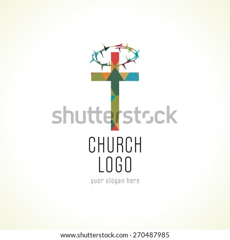 Church logo, old mosaic pattern. Religious vector christian symbol. It is finished. Crucifix with abstract pattern and thorns of spines. Stained glass crucifixion window from pieces. Holiday congrats.