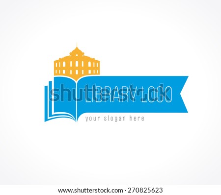 Educational logotype template. Learning, teaching, reading, training, publishing, studying colored template. Historic building. Abstract isolated colorful label pages shape blue gold coloured emblem.