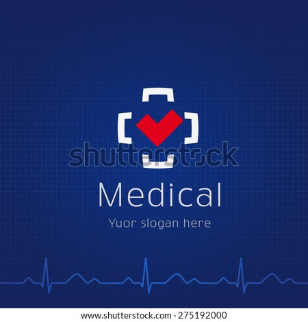 Medical plus logo and folder. Outpatient card cover design or presentation's slide with brand identity sign. Icon concept for hospitals, tests, clinics, pharmacies. Vector cardiowave.