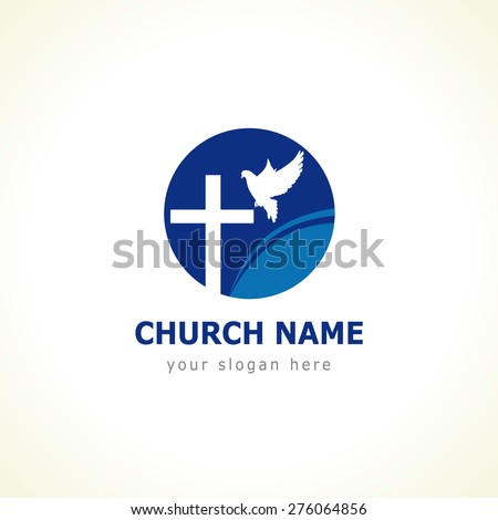 Christian church vector logo. Blue colored circle, crucifix, white flying dove, wave. Religious educational symbol. Abstract isolated graphic design template. Creative logotype concept.
