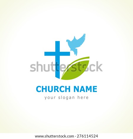 Christian church vector logo. White colored circle, crucifix, blue flying dove and green leaf. Religious educational symbol. Abstract isolated graphic design template. Creative logotype concept.