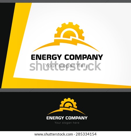 Energy company logo. Electrical or mechanic industrial company brand icon. Lightning and gears as sunrise. Electricity, bolt vector sign. Set of elements. Isolated abstract graphic design template.