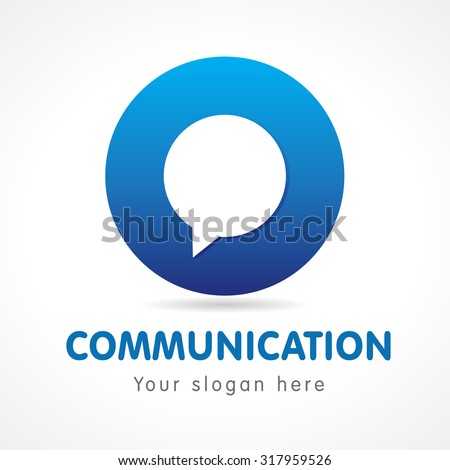 O letter communication logo. Business or educational consult, blue colored volume sign. FAQ, I.Q., contact us, computer or smartphone settings, speak icon. Branding identity.