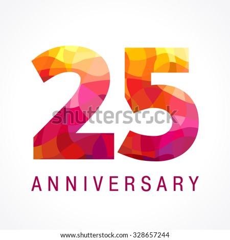 25 years old celebrating fiery logo. Anniversary year of 25 th. Facet congrats, creative numbers. Flaming greetings celebrates with 3D style. Stained-glass template. Mosaic red colored background.