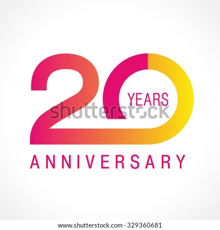20 years old celebrating logotype. Colored happy anniversary 20 th numbers. Creative greetings. Age symbol. Special prize, % off. Label idea. Isolated abstract graphic design template.