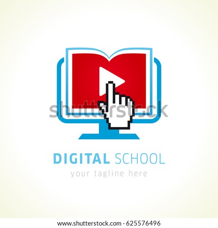 Digital school online logo. Open book with pages in monitor, click hand pixel sign and video player icon. On-line educational vector symbol