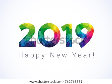 2019 A Happy New Year greetings. Abstract celebrating congratulating stained glass numbers. Jubilee or birthday logotype. 1, 2, 10th 20th 90th 12th 21 years old or % off multicolored illustration.
