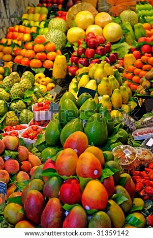 Fruits. World famous Barcelona market, Spain. Selective focus.