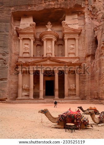 Jordan, Petra. Treasure Trove (Treasury), panoramic view with camels in the foreground