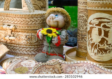 GOMEL, BELARUS - MAY 22, 2015: Outdoor event City of Masters. The exhibition and sale of products from birch bark and toys souvenirs
