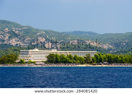 SITHONIA, GREECE - AUGUST 16, 2014: View from the sea on luxurious hotel complex Porto Carras at the Sithonia Peninsula, Greece