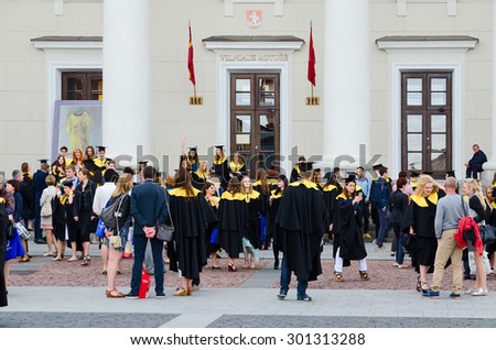 VILNIUS, LITHUANIA - JULY 10, 2015: Graduates of the European Humanities University after the official graduation ceremony near the Town Hall, Vilnius, Lithuania