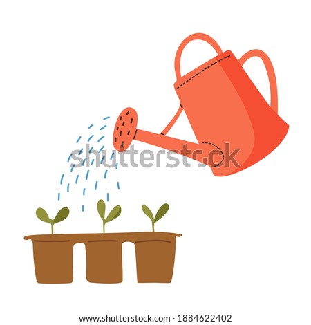Vector red watering can isolated on a white background. Gardening tools. Seedlings are watered from a watering can.