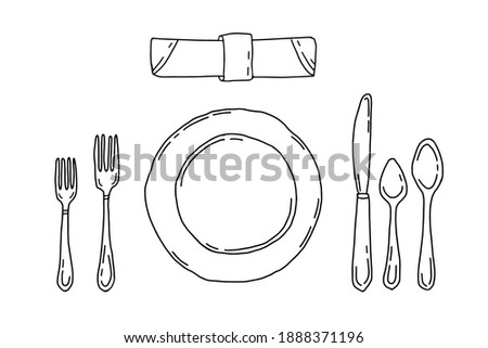 Table setting isolated on a white background. Serving in doodle style with plate, forks, spoons, knife and napkin. Dinner etiquette.