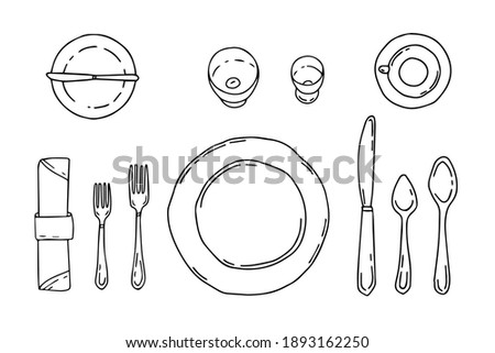 Table setting isolated on a white background. Serving in doodle style with plate, forks, spoons, knife and napkin. Dinner etiquette.